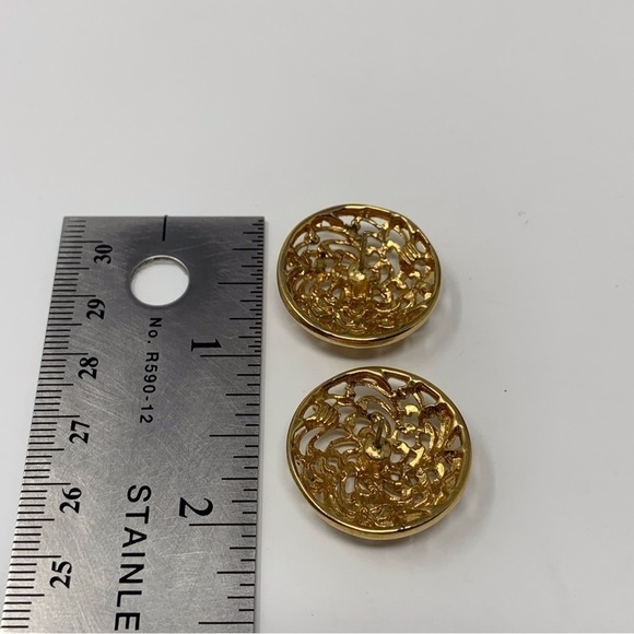 Gold Tone Circle Dome Floral Swirl Large Stud Earrings - Picture 6 of 6